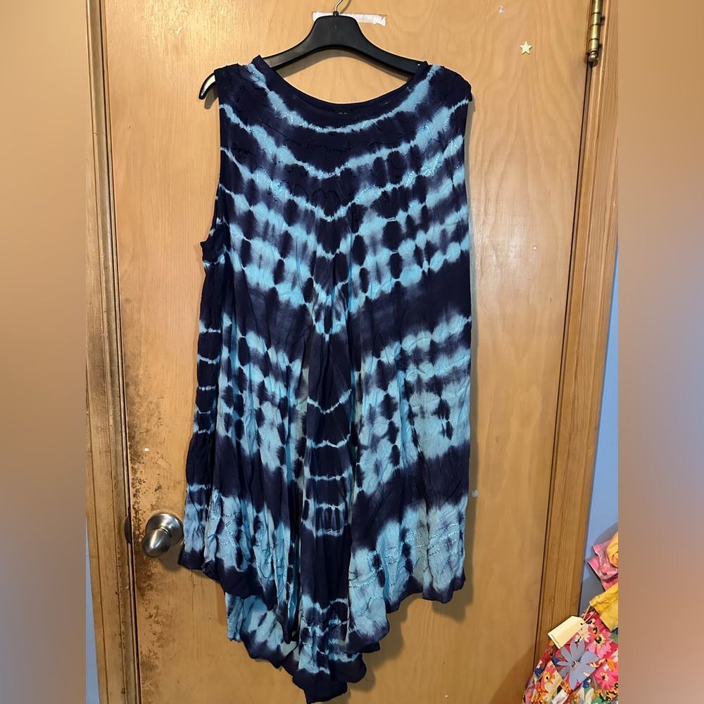 Riviera Sun Blue Black Tie Dye Swing Dress 3X NWT 100% Rayon Boho Flowy Plus Siz